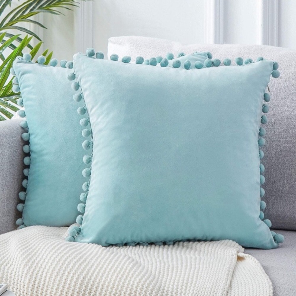 Trendy Light Grey Modern Cute Preppy Pompom Fringe Throw Pillow Cover Twin Set - Picture 10 of 16